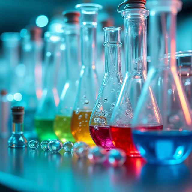 実験器具と化学薬品のクローズアップ